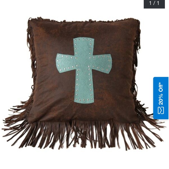 HiEnd Accents Paseo Road Western Cross Faux Suede Leather Fringe Pillow 18” - Picture 2 of 7